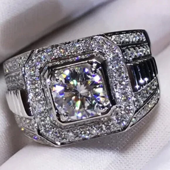 Nice XL 4.50 Ctw. Men's Diamond Ring 18K. White Gold Pltd. - Picture 2 of 5